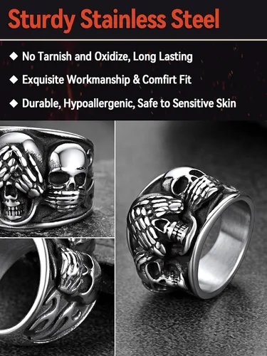 Vista 3 de FaithHeart 3 anillos de calavera para hombre, acero inoxidable sólido, gótico, punk, motociclista, esqueleto, para grabar, tallas 7-14