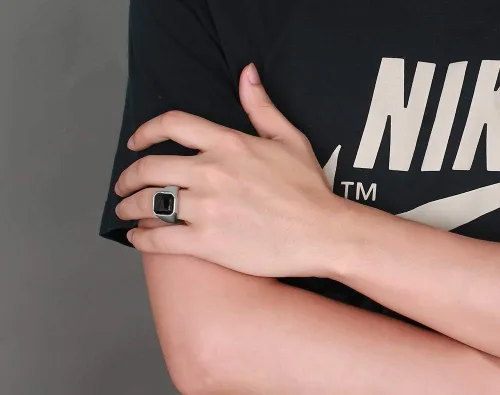 Vista 5 de Anillos de ónix negro para hombre, de acero inoxidable, con diseño de ágata cuadrada para hombres, anillo de pulgar meñique para papá, regalo