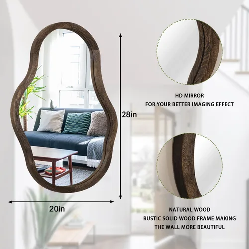 Vista 2 de Espejo con marco de madera irregular para pared, moderno, asimétrico, único, espejo de pared para colgar, espejo artístico ondulado, decoración
