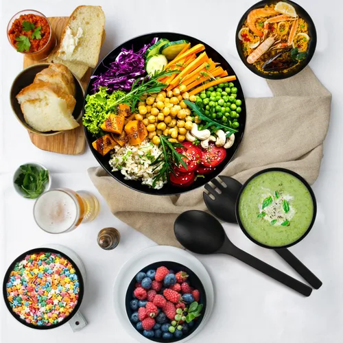 Vista 5 de ShineMe Ensaladeras, ensaladera grande con tapa y servidores, juego de ensaladas de bambú con 4 cuencos pequeños para servir, cuenco de cocina Negro