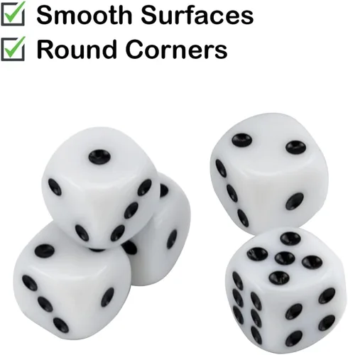 Vista 3 de Juego de 50 dados blancos de 0.639 pulgadas de acrílico redondeados de seis caras D6 con puntos negros para juegos de mesa, fiestas, diversión