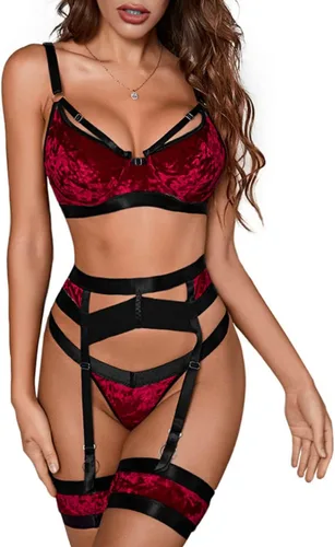 Vista 89 de Kaei&Shi - Lencería con liguero para mujer, conjunto de encaje traslúcido y sexy de 4 piezas combinadas