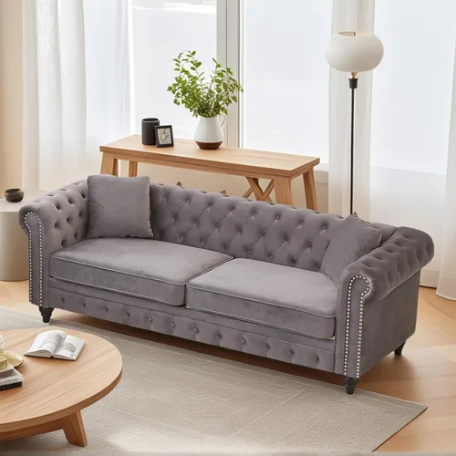 Vista 7 de Sofá Chesterfield de terciopelo grande de 85.5 pulgadas, sofá moderno de 3 plazas con brazos enrollados con diseño de botón y 2 cojines para sala