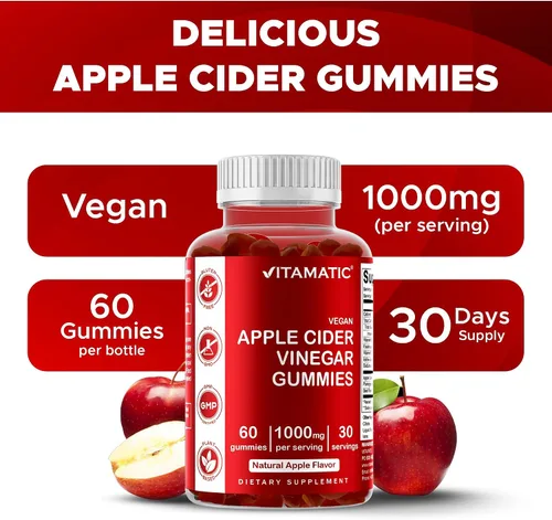 Vista 4 de Vitamatic Gomitas de vinagre de sidra de manzana, 1000 mg por porción, 60 gomitas veganas, gomitas ACV para desintoxicación, apoyo para la pérdida