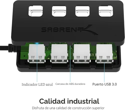 Vista 8 de Sabrent USB de 4 puertos 3.0 Hub con interruptores individuales de energía y LEDs (HB-UM43)