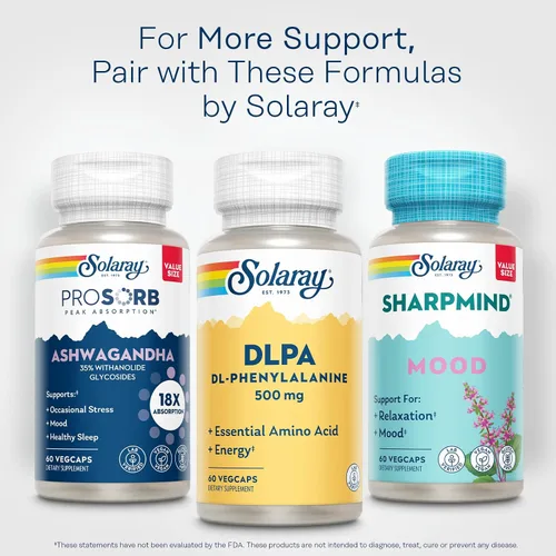 Vista 6 de SOLARAY DL-Phenylalanine Capsule Supplements – 500 mg DLPA, mezcla 50-50 de aminoácidos esenciales para el sistema nervioso y apoyo energético