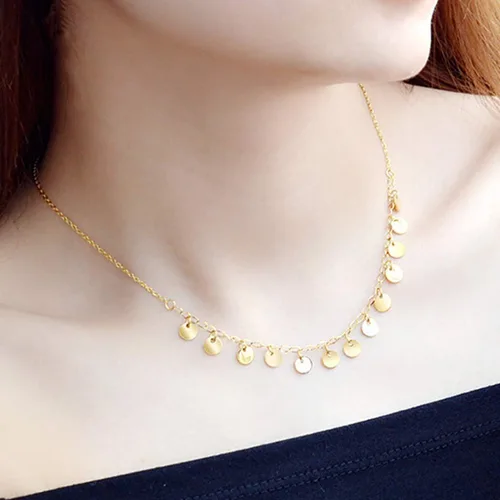 Vista 3 de Collar de cadena en capas para mujer, chapado en oro de 18 quilates, colgante de corazón de acero inoxidable, monedas, discos, gargantilla de mal