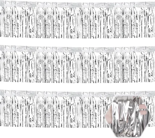 Vista 13 de Paquete de 3 guirnaldas largas de flecos metálicos de aluminio negro dorado para colgar en la pared, Día de la Madre, Pascua, flotadores de desfile