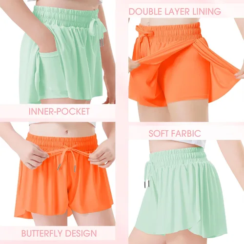 Vista 3 de QooNoo Girls Butterfly Shorts with Pocket Flowy Athletic Shorts High Waist Preppy Running Shorts for Kids Teen