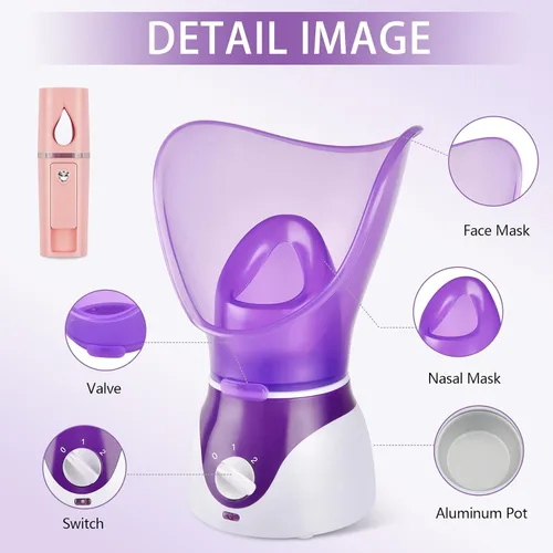 Vista 6 de Vaporizador facial - Vaporizador facial nano iónico para limpieza profunda, juego de humidificador facial de niebla caliente para mujeres y hombres