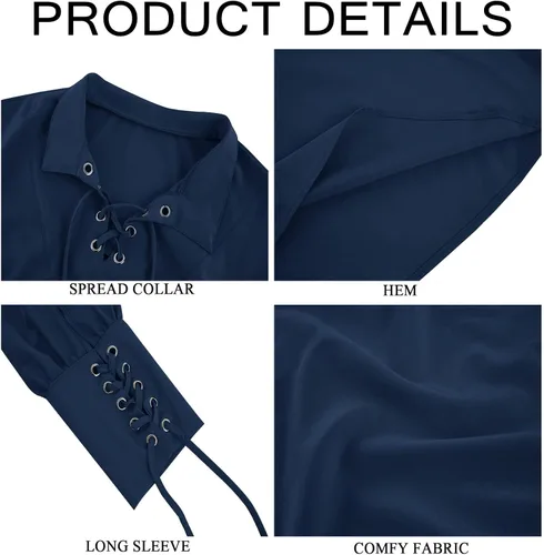 Vista 6 de Camisas medievales de pirata renacentista para hombre, con cordones, disfraz vikingo, mercenario, escocés, camisetas de jacobita ghillie, 01 Azul