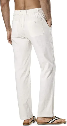 Vista 3 de Men's Drawstring Linen Pant Elastic Waist Relaxed-Fit Casual Beach Trousers
