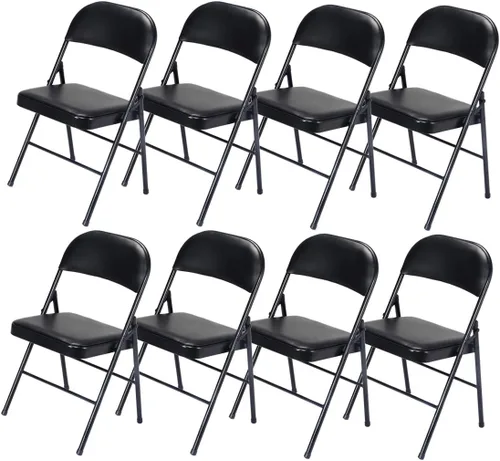 Vista 22 de Paquete de 4 sillas plegables negras, sillas plegables acolchadas con asiento y respaldo de piel sintética, sillas plegables de metal portátiles