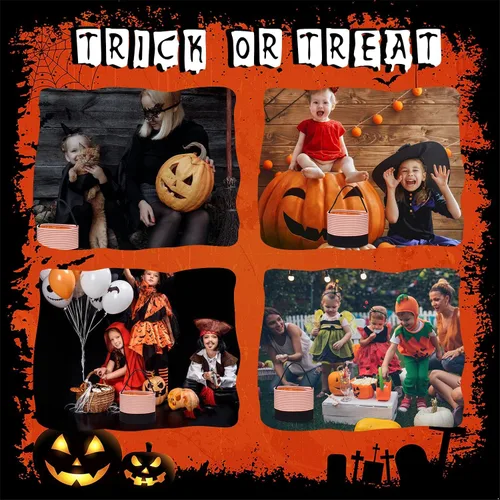 Vista 4 de Cesta de dulces de Halloween, bolsas de dulce o truco, cubos de dulces de Halloween, bolsas de regalo de tela, fiestas de Halloween (rayas naranjas)