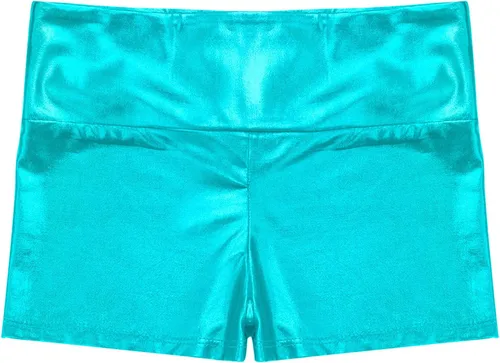 Vista 3 de Pantalones cortos de gimnasia de entrenamiento metálico brillante para niñas y niñas, pantalones cortos de gimnasia de cintura alta