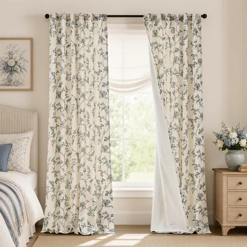 Vista 19 de Lazzzy Cortinas de lino floral verde con bolsillo para barra de granja, 50 Charlotte Verde