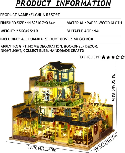 Vista 2 de Roroom Kit de casa de muñecas en miniatura y muebles, modelo de casa de muñecas de madera 3D con cubierta antipolvo y movimiento musical, idea