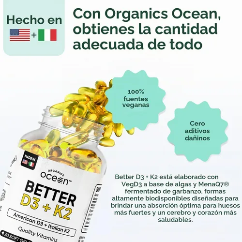 Vista 3 de Organics Ocean Better D3 + K2-100% Suplementos Orgánicos de VIT D3 y K2 con Máxima Biodisponibilidad – Apoya la Densidad Ósea, Equilibrio de Calcio
