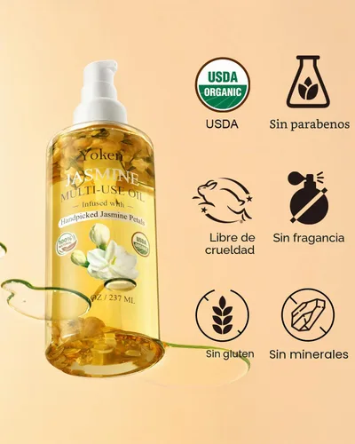 Vista 6 de Aceite corporal multiusos de jazmín orgánico para piel, cara, cabello y uñas, con pétalos seleccionados a mano, aceite esencial de jazmín y vitamina