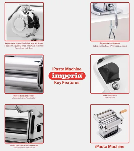 Vista 5 de Máquina para hacer pasta Imperia - 100% fabricada en Italia, construcción de acero resistente, dial de bloqueo fácil, mango de agarre de madera