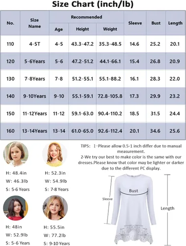 Vista 5 de Arshiner Blusa larga para niñas, estilo casual, básica, holgada, suave, con vuelo, para niñas