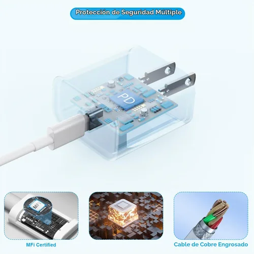 Vista 3 de Cable de carga rápida para iPhone [certificado MFi de Apple], paquete de 3 cables de carga de teléfono de 20 W, bloque de cargador USB C