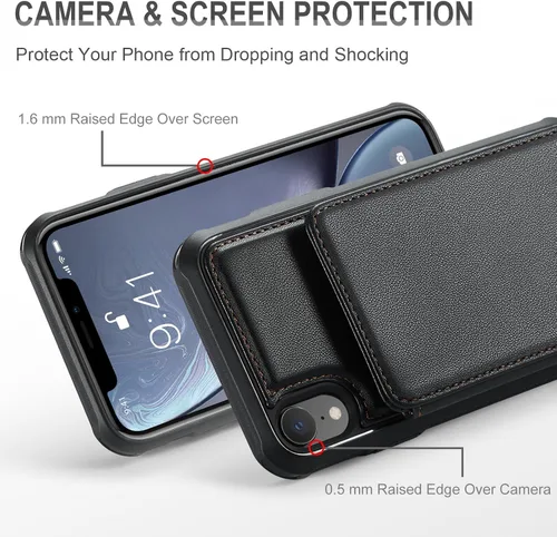 Vista 2 de Vinich for iPhone XR Wallet Case with Card Holder, Black RFID Blocking Credit Slots, Kickstand, Shockproof Flip Phone Cover, PU Leather, Double