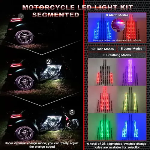 Vista 2 de 8 kits de luces LED RGB segmentadas para motocicleta con control remoto APP/RF, luces subterráneas multicolor con señal de giro de freno, tira