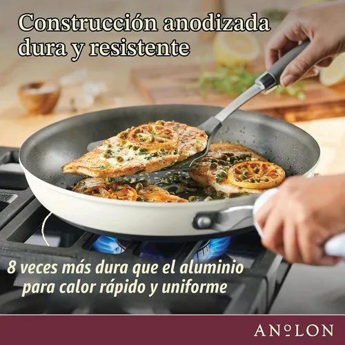 Vista 6 de Anolon Achieve - Juego de ollas y sartenes antiadherentes anodizadas duras, 9 piezas, color crema