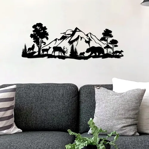 Vista 7 de ESTART Decoración de pared de metal de bosque de montaña, oso de ciervo, arte de pared de metal, decoración de caza de animales rústicos para sala