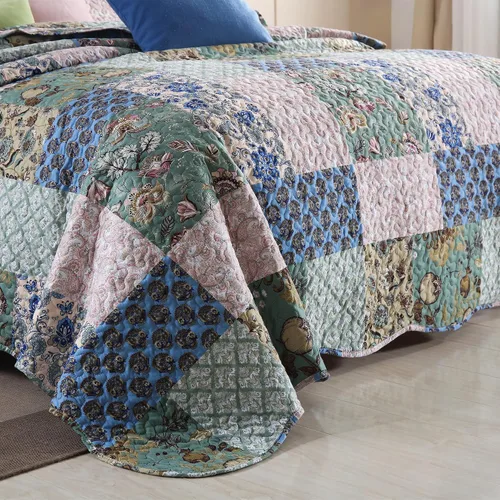 Vista 5 de MarCielo Juego de colcha acolchada de 3 piezas, colcha estampada, juego de ropa de cama, manta, colcha ligera (flor azul, Queen) (B026_Q)