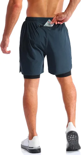 Vista 4 de Pudolla Mens 2 in 1 Running Shorts 7" Quick Dry Gym Athletic Workout Shorts for Men with Phone Pockets