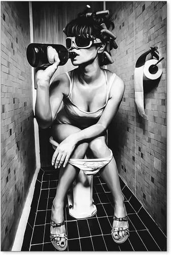 Vista 15 de WBSTGUE Arte de pared de baño en blanco y negro, póster de fotografía moderna, mujer sexy, beber, vino en el inodoro, impresiones en lienzo