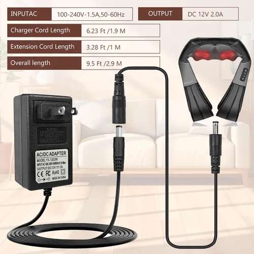 Vista 7 de Cargador masajeador de cuello de 12 V para masajeador de espalda y cuello Zyllion Shiatsu, compatible con RESTECK/Vellax/Medcursor/Mirakel/InvoSpa