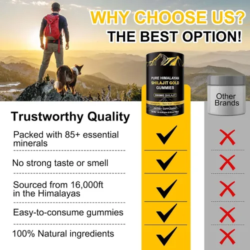 Vista 3 de Gomitas Shilajit, 3000 mg de oro Shilajit del Himalaya con Ashwagandha, musli negro, gokshura para hombres y mujeres, sin OMG y gelatina, 60