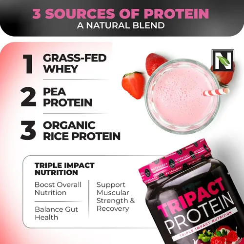 Vista 5 de Nutrology TRIPACT Proteína en polvo – Batido de reemplazo de comidas 7 en 1 con proteína de suero en polvo alimentado con hierba, guisante, arroz