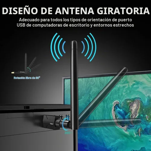 Vista 5 de Adaptador USB Bluetooth 5.1 para PC de escritorio: dongle inalámbrico de largo alcance de 300 pies con antena de 5dBi Plug & Play para portátil Negro