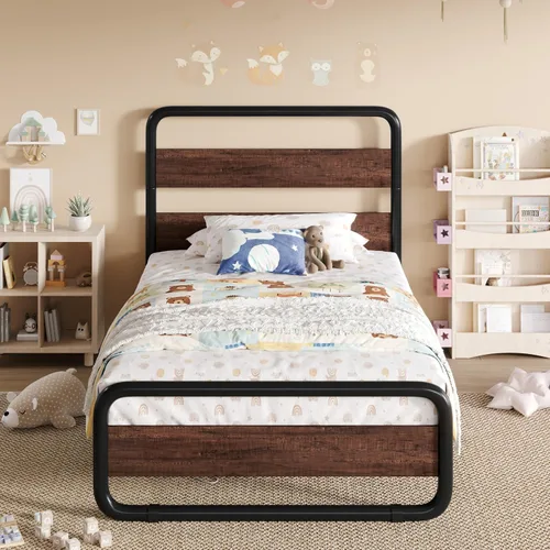 Vista 10 de SHA CERLIN Base de cama de metal de tamaño individual con cabecera y estribo de madera, base de cama de plataforma ovalada resistente