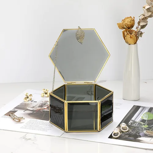 Vista 9 de ELLDOO Joyero de cristal negro organizador de joyería hexagonal con ribete dorado caja de recuerdo decoración decorativa caja de vidrio con tapa