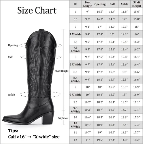 Vista 5 de Pasuot Botas vaqueras occidentales para mujer, botas vaqueras negras hasta la rodilla, pantorrilla ancha con bordado occidental, puntera puntiaguda