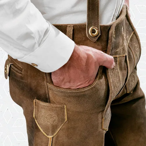 Vista 9 de Lederhosen Men Oktoberfest Costume, Genuine Leather German, Mushroom Brown Short