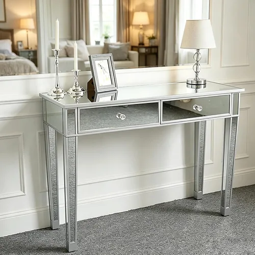 Vista 3 de Henf Mesa de maquillaje con espejo, mesa de tocador con acabado plateado, mesa de consola de 2 cajones para entrada, dormitorio, sala de estar