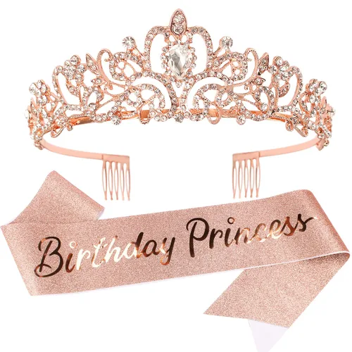 Vista 10 de VELSCRUN Tiaras de coronas de princesa de cumpleaños, banda de cumpleaños para niñas, decoraciones de feliz cumpleaños/accesorios para mujer Rosa