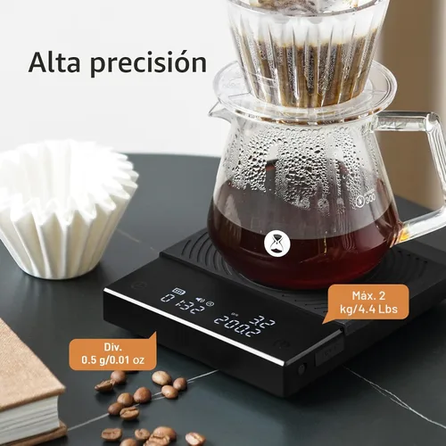 Vista 5 de Báscula de Café TIMEMORE Basic 2.0, Báscula Electrónica de Espresso con Tasa de Flujo de Agua y Función de Temporizador, Cambio Gratuito