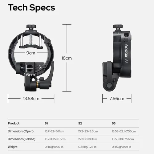Vista 9 de Godox Soporte de flash Speedlite S3, soporte de montaje Bowens, agujero para paraguas, ± 90 ° de inclinación S-Type Bracket for Godox V1 V1 Pro