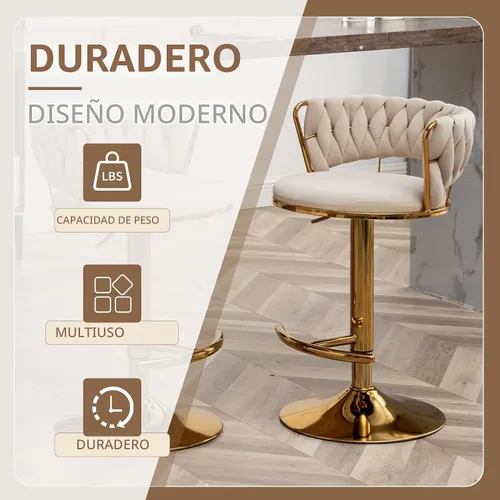 Vista 4 de Taburetes de bar dorados juego de 2, taburetes de bar de terciopelo giratorios con respaldo tejido, taburetes ajustables para isla de cocina, Beige
