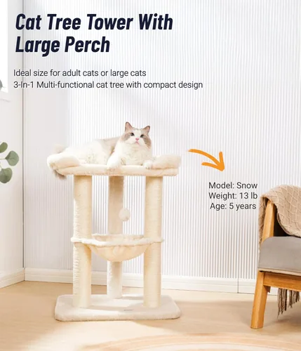 Vista 2 de Happi N Pets Torre de Árbol para Gatos Grande de 28 pulgadas para Gatos de Interior, Poste Rascador para Gatos con Cama Grande para Gatos Grandes