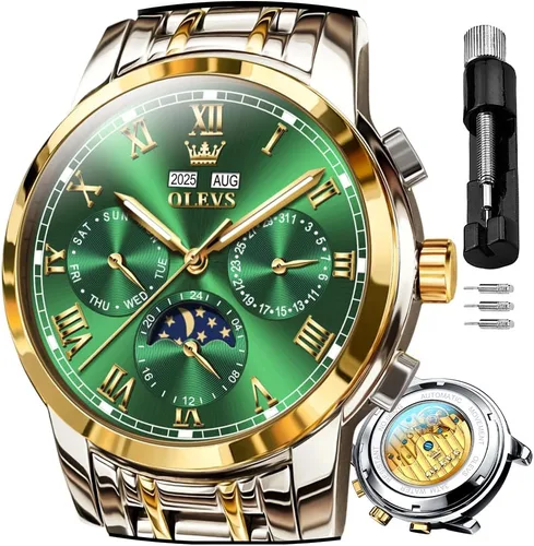 Vista 11 de OLEVS Relojes para hombre automático mecánico de cuerda automática reloj de pulsera multifunción calendario impermeable luminoso