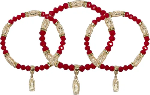 Vista 2 de Pulsera de Rosario de Guadalupe con 12 piezas, color rojo y plateado con bolsas de organza, recuerdo de bautizo, recuerdo de bautizo, quinceañera