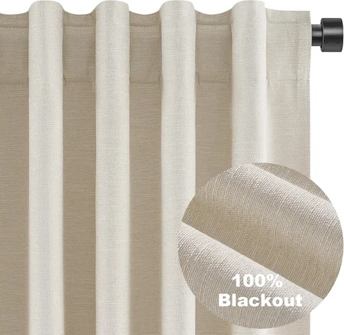 Vista 7 de Topfinel Cortinas opacas, blanco beige, 2 paneles, ventanas pequeñas, textura, mezcla de lino, bohemia, abedul, rural, gancho, bolsillo trasero